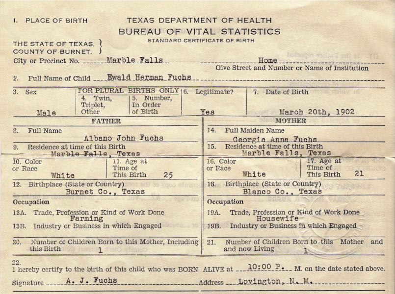 Ewald's birth certificate